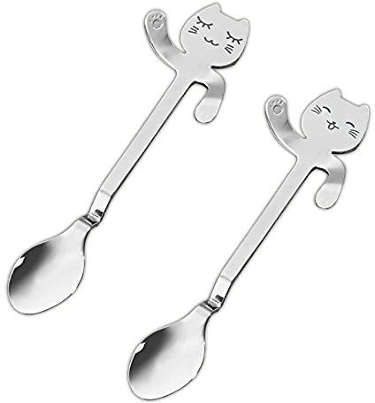 2er Set Kaffeelöffel mit Katzenköpfchen und -pfötchen als Randhalter Kaffee Löffel Kätzchen Design Teelöffel Katze Edelstahl Poliert