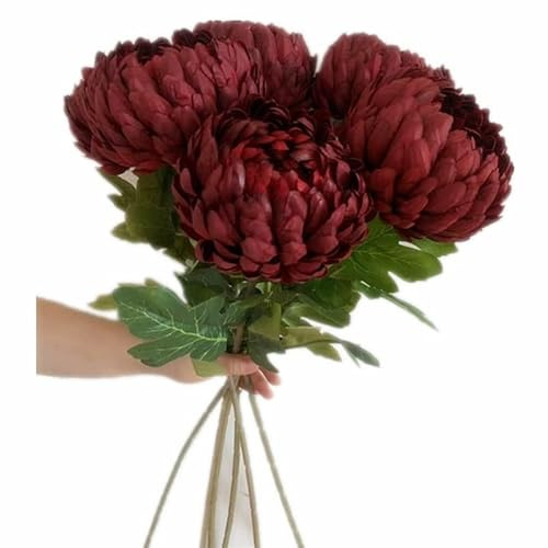 Gladiolus garden 5pcs Faux Round Pineapple Chrysanthemum Flower branch with Green Leaves Artificial Big Callistephus Chinensis for Floral Arrangement (red)