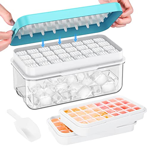 Ice Cube Tray with Lid and Bin, PHINOX 64 pcs Ice Trays for Freezer, Ice Cube Trays for Freezer with 2 Trays, Container, Lid & Ice Scoop, BPA Free