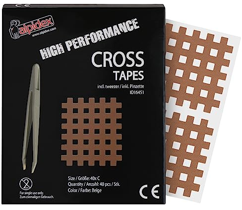 ALPIDEX Cross Tape 40 Stück Beige Gitterpflaster Sportpflaster Set Größe C | Gittertape, Akupunkturpflaster, Schmerzpunkte, Triggerpunkte, wasserfest, hautfreundlich, mit Pinzette, elastisch, reißfest