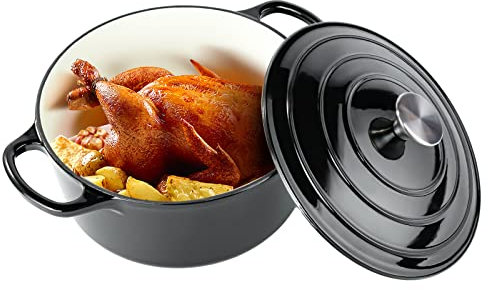 Miereirl 6 Quart Enameled Dutch Oven Pot with Lid, Cast Iron Dutch Oven with Dual Handles for Bread Baking, Cooking, Non-stick Enamel Coated Cookware (Black)