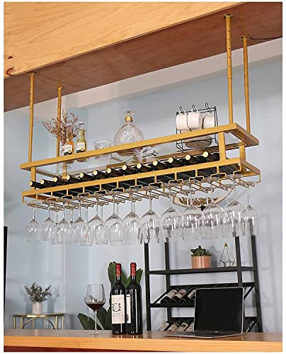 Deckenmontiertes Weinregal zum Aufhängen, höhen- und breitenverstellbares Flaschenregal aus Metall an der Decke, Vintage-Display-Weinaufbewahrungshalter mit Glasregal für Stielgläser (Farbe: Gold,