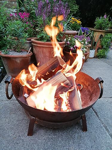F&G Supplies 40cm Diameter 3 in 1 BBQ Fire Pit Kadai Steel Cooking Bowl -Authentic Hand Made Steel Indian Karai with stand and grill