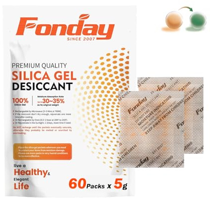 Fonday Lot de 60 sachets déshydratants rechargeables en gel de silice de qualité alimentaire indiquant l'humidité Orange à Vert 5 g