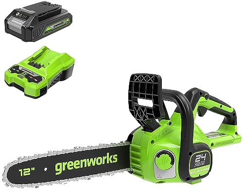 Greenworks Akku Kettensäge mit 24V 2Ah Akku und Ladegerät, bürstenlosem Motor, 30 cm Blattlänge, 7,8 m/s Kettengeschwindigkeit, automatisches Öl-System, Rückschlagschutz