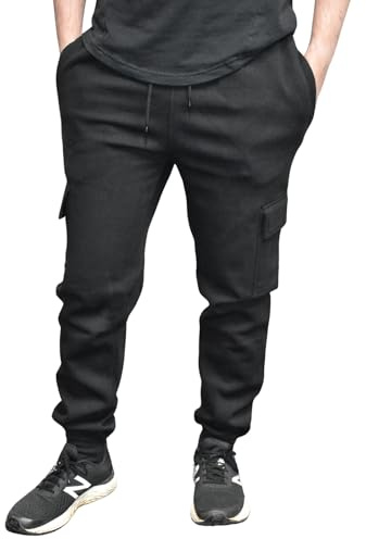 Men's Cargo Joggers with Pockets, Regular Fit Fleece Trouser Elastic Waist Tracksuit Bottoms Casual Gym Sweatpants for Running, Workout, Sports, Travel and Daily Wear Black Ribbed M