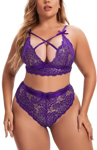 Aranmei Dessous für Damen, Spitzen-BH und Höschen, sexy Bralette-Set, Violett (New Purple), 4XL