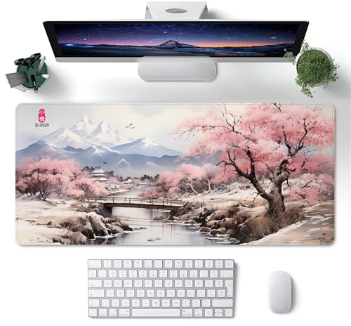 ProbTis Tapis de souris japonais blanc, grand sous-main de bureau en fleur de cerisier XL, tapis de clavier de jeu animé, base en caoutchouc antidérapant, grande protection de bureau étendue pour