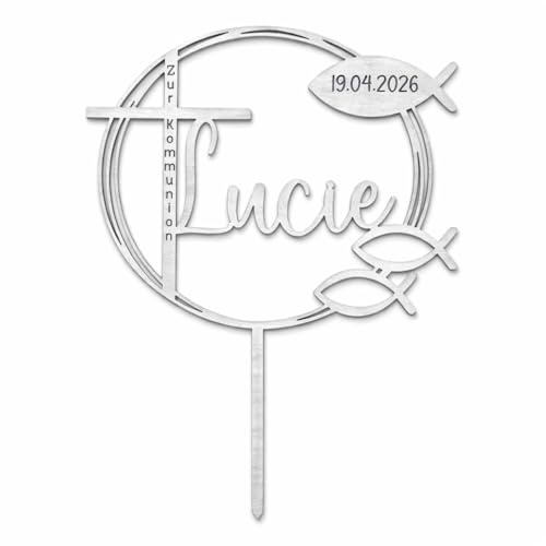 Birdart Box® Taufe, Konfirmation, Kommunion Tortenstecker mit Namen – personalisierter Tortenstecker aus umweltfreundlichem Holz, stabiler Cake Topper 15cm Durchmesser (Silber)