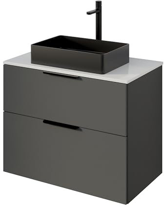 BERNSTEIN Unterschrank in Anthrazit matt für Aufsatzwaschbecken - 79,8 x 45,5 x 62 cm - Waschbeckenunterschrank mit 2 Schubladen, mit Waschtischplatte in Eiche, Badschrank Griff in Schwarz matt