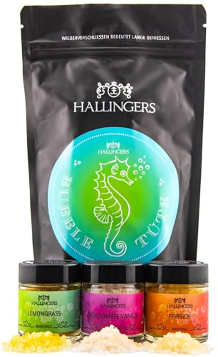 Hallingers Genuss Manufaktur Badesalz Geschenk-Set - Badezusatz wertig in der Wundertüte Bubble Tüte kleines Badeparty Mitbringsel Lemongrass, Vanille & Pfirsich, Geschenkidee für Frauen Freundin