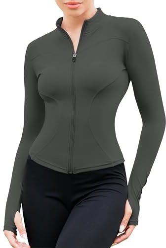 EFFAN T-Shirts de Sport Femme à Manche Longues Tops Fermeture Éclair Fitness Running Yoga Tee Shirt Gris foncé M
