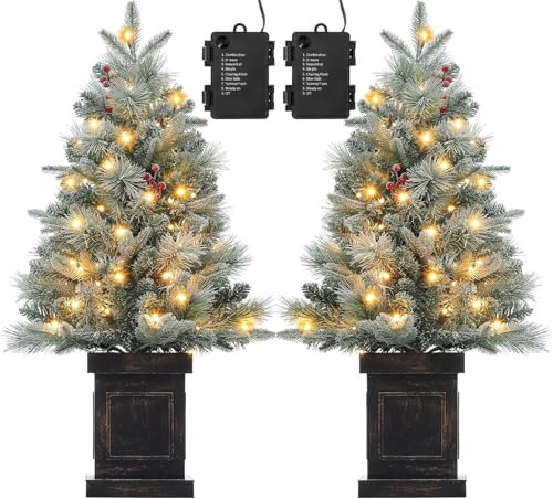 2PCS 90cm Premium Weihnachtsbaum Künstlich mit 78 Warmweiß LEDs - Batteriebetrieben Künstlicher Weihnachtsbaum mit 8 Einstellbare Modi, Weihnachtsbaum mit Dichte Zweige, Rote Beeren und Vintage-Basis