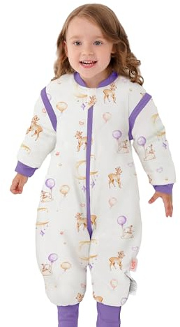 LAT Baby Schlafsack mit Füßen Abnehmbare Ärmel, 2.5 TOG 100% Baumwolle Baby Winter Schlafsack, 3-Wege-Reißverschluss Kinderschlafsack mit Füßen (Reh, S)