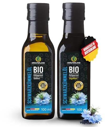 Kräuterland Bio Schwarzkümmelöl 100ml GEFILTERT & 100ml UNGEFILTERT - nativ | Kaltgepresst, 100% Nigella Sativa, ohne Zusatz von Aromen, Frabstoffe & Konservierungsstoffe - Mühlenfrisch in glasflasche