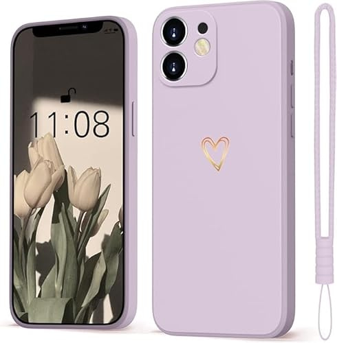 Mitetabo Hülle für iPhone 12 Handyhülle Gold Liebesher Silikon, iPhone 12 Case Mädchen Weich Slim Stoßfest Kratzfeste Süßes Gold Love Schutzhülle für iPhone 12 6.1 Lila