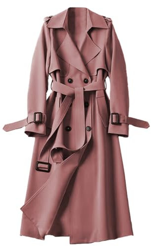 FM2018XSL Cappotto Trench Donna con Cintura Casual Slim Doppiopetto Giacca a Vento Lunga Primaverile Autunnale Giacche con Tasche,L,Rosa