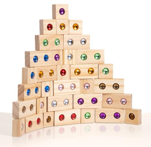 KBIBCK Regenbogen-Stapelspielzeug Aus Holz, 32 STK HRegenbogen Bausteine, Blöcke Spielzeugset Gebäude Stapelwürfel, Regenbogen Bausteine Holz Acryl Bausteines, Montessoris Spielzeug Für Kinder Ab 3