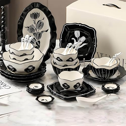 Vajillas Completas Vajilla Vintage Pratos Cerámica Estilo Tulipán Francés Antiguo Crema Y Negro Souvenir para Nuevo Hogar Apta para Microondas Y Lavavajillas (37 Sets For 8)