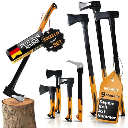 BOOMET Axt-Set (2-teilig) 1000g Spaltaxt 2000g Spaltbeil · 9 Modelle: Beil, Axt, Sappi, Set · Beile mit Fiberglasstiel · Äxte zum Holz spalten in mini, klein, groß · Komplettset für Garten & Forst
