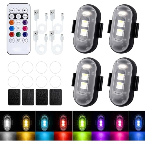 4PCS LED Car Strobe Lights with Remote Control, Wireless USB Rechargeable Flashing Warning Lights, 8 Colors Waterproof Anti-Collision LED Light for Car, Drone, Motorcycle, Bike, Truck