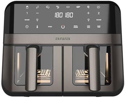 Aiwa Futago AFR‑9000 Freidora de Aire 9 L (2×4.5 L), 2400 W, Control Digital, 8 Programas, Cocina Doble Zona, Autolimpieza, Ventana Doble, Ultra Silent, Acero Inoxidable/Plástico. Color Metal
