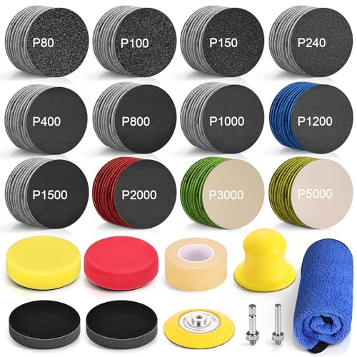 WEWINK PLUS 130 PCS 3 Inch Hook and Loop Sanding Discs, Multi-Purpose Headlamp Restoration Kit & Drill Sanding Attachment with 80-5000 Grits, Drill Polishing Kit for Auto, Wood, Metal and Paint