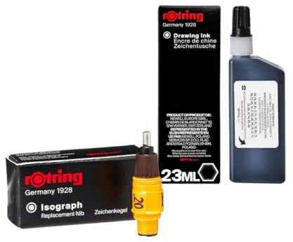 Rotring Isograph - Pennino di ricambio da 0,20 mm + flacone di inchiostro nero da 23 ml - Set di disegno tecnico per lavori di precisione su tavola da disegno, velina e carta da tracciamento
