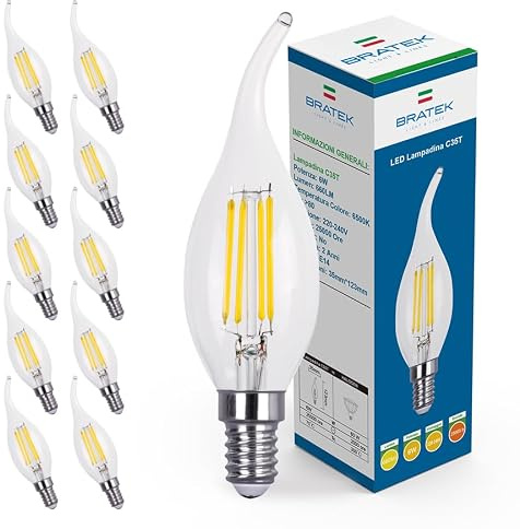 Bratek 10 Lampadine Led E14 Luce Fredda Vintage a Fiamma 6500k 6W 660 Lumen | Bratek Lampadina Vintage Attacco Piccolo e14 a Filamento Led Trasparente Equivalente 75W a Incandescenza o 60w Alogena