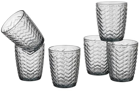 Baroni Home Set 6 pz Bicchieri Wave in Vetro Colorati e Decorati con Righe in Rilievo 30 CL, Bicchieri Eleganti Lavabili in Lavastoviglie, 8x8x9,5 cm Fumè