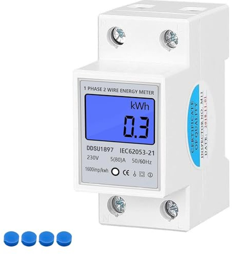Kadryxon LCD Digitaler Stromzähler Wechselstromzähler Hutschiene 5(80) A KWh Zähler 1Phase Energiezähler Wattmeter 2P-DIN-Schienen-Stromzähler
