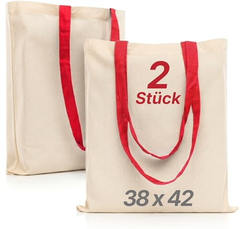 LEATEX Stoffbeutel Baumwolltasche 38×42 cm, 145 g/m² – unbedruckt mit farbigen Henkeln (Schwarz, Dunkelblau, Rot) – Einkaufstasche zum Bemalen & Bedrucken – 2er Pack