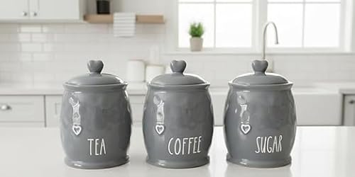 Biznest Set Of 3 Ceramic Tea, Coffee, Sugar Storage Jars Decorative Love Heart Details Engraved Design Lid Shabby Chic Modern Kitchen Barrel Shaped Canister Durable Organiser 17 X 12 Cm (GREY)