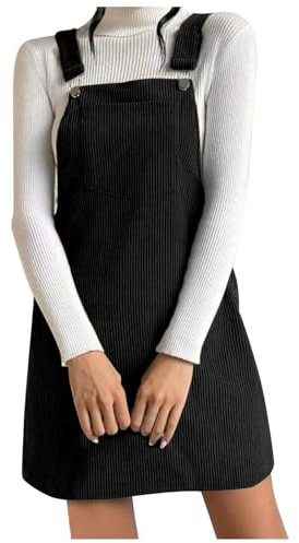 Generisch Women's Dungaree Skirt Square Neck Braces Cord Dungaree Jumpsuit Dress Casual Dresses Corduroy Mini Dress Winter Dress Sleeveless Bib Dress Corduroy Dress Short Autumn Dress, black, S