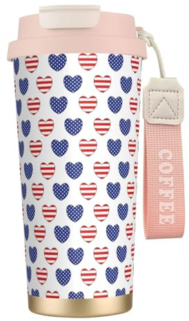 Mug isotherme en forme de cœur aux couleurs du drapeau américain, 100 % étanche, en acier inoxydable 316, avec couvercle et paille, idéal pour l'eau, le thé glacé, le café, les smoothies et bien plus