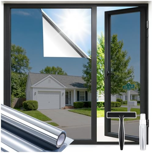 rabbitgoo Reflective Window Film Privacy with Tools, Silver 60x200cm | Heat Reflect One Way Privacy Film for Glass Windows Mirror Tint Static Cling Anti Glare UV, Sun Blocker for Home, Office