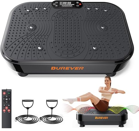 Vibrationsplatte, Burever Vibration Plate 150W, Leise Fußmassage, Muskelaufbau und -formung, 99 Intensitätsstufen, 5 Trainingsprogramme, Fernbedienung, Widerstandsbänder