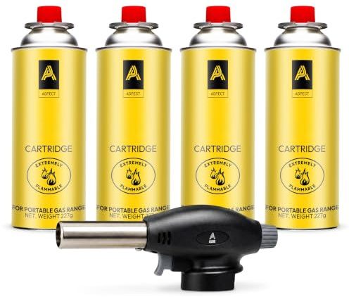 Aspect Blow Torch with 4 Gas Bottles, Adjustable Flame Burner for Desserts, Creme Brulee, Welding, Auto Ignition Gas Torch for Cooking, Catering, BBQ,Camping & Fire Starter (Head + 4 Gas)