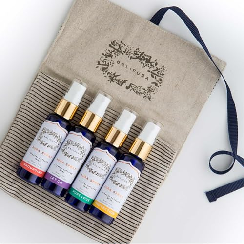 BALIPURA - Aura Healing Spray Mist - angereichert mit Heilkristallen und organischen ätherischen Ölen - Geschenkset mit Leinentasche, 4 x 30 ml | Auraspray-Kollektion – Aromatherapie, Bio-ätherische Öle, Achtsamkeitsrituale, Leinentasche