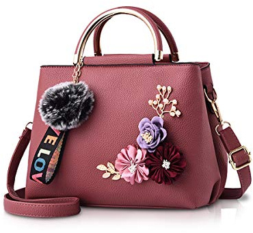 NICOLE & DORIS Women Leather Handbag Shoulder Bags with Flower Vintage Handle Bag Designer Tote Purse with Pompom dark pink