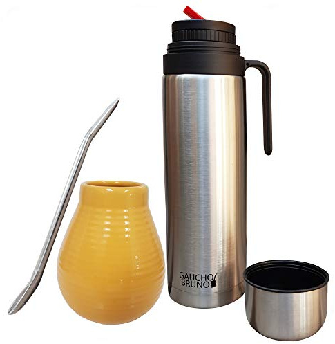 Kit Yerba Mate - Taza, Bombilla y Termo - Vaso de Cerámica, Pajita Acero Inoxidable con Filtro y Termo Anti Salpicaderos de 1 L de Capacidad - Conjunto Reutilizable para Mate Argentino - Amarillo