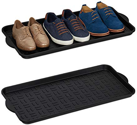 Relaxdays XL Schuhablage 4er Set, Abtropfschale mit erhöhtem Rand, schwarz | für 3-4 Paare, Kunststoff, BxT: 75 x 36,5 cm