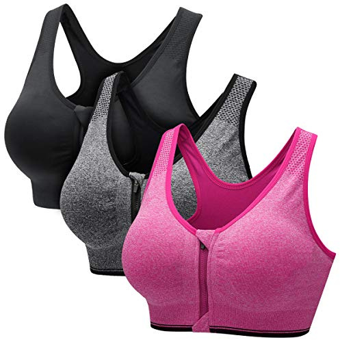 CARETOO Women's Sports Bra Front Zip Wireless Bras Shock Absorber Sports Bra, Stress Training Yoga Bustier with Removable Pads for Running Gym Fitness (Black & Grey & Rose, XXL)