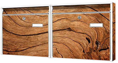 banjado Briefkastenanlage 2 Fach - 2 Briefkästen 72x32x10cm groß - Doppelbriefkasten Set - Namensschild, 2 Schlüssel, Montagematerial - Stahl verzinkt weiß - Motiv Holzmaserung