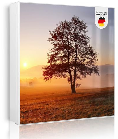 banjado Großer Schlüsselkasten Metall - Schlüsselbox 30x30cm beschreibbarer mit 32 Haken - Schlüsselkasten modern für Schlüsselaufbewahrung - Korpus Weiß Scharnier Rechts - Motiv Sonnenaufgang