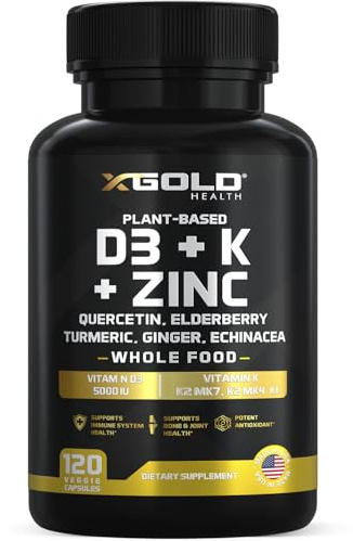 Vitamin D, K2, K1, Zinc, Quercetin, Elderberry, Turmeric, Ginger & Echinacea Whole Food Supplement 8 in 1- D3 5000 IU Plant-Based from Lichen, Vitamin K (K2 MK7, MK4, K1), D3 K2 Vitamins -120 Capsules