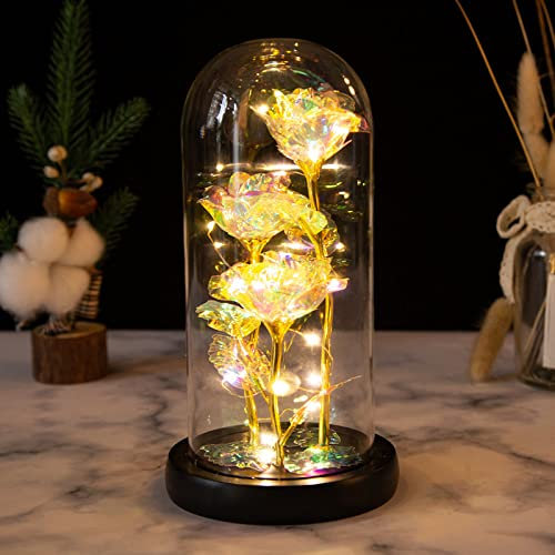 MCDSAJ LED Light Golden Flower Purple Colorful Gold Foil, Light Up Rose Flowers Gift,Rose Flower in Glass Dome, Christmas Rose Gift for her, Anniversary On Any Occasion