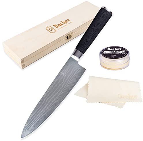Bacher Cuchillo de Cocinero Damasco 20cm – Cuchillo Chef de Acero Damasco AUS-10 - Profesional Japones Cuchillos de Cocina con mango G10 – Set Caja de Regalo