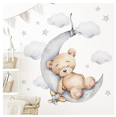 Little Deco Wandtattoo Bär auf dem Mond Wandsticker für Kinderzimmer Teddybär mit Sterne Babyzimmer Deko DL831-4