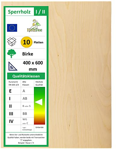 HolzFee 10 Stück Sperrholzplatte 3 mm 600 x 400 Klasse I/II Birkensperrholz